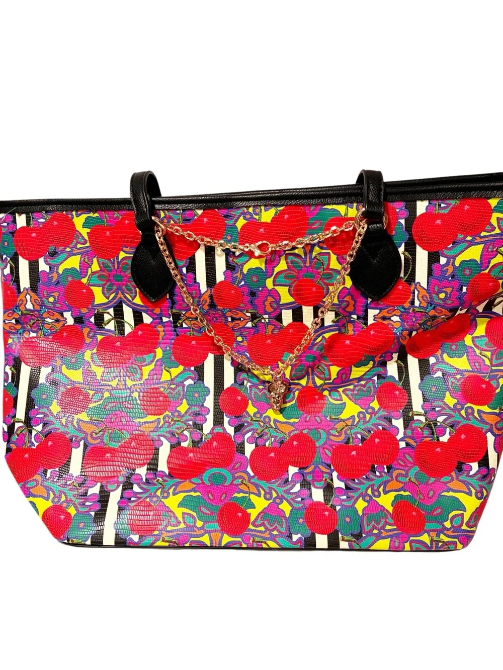 Betsey Johnson Black Cherry Print Large Tote Shoulder Bag Gold Chain